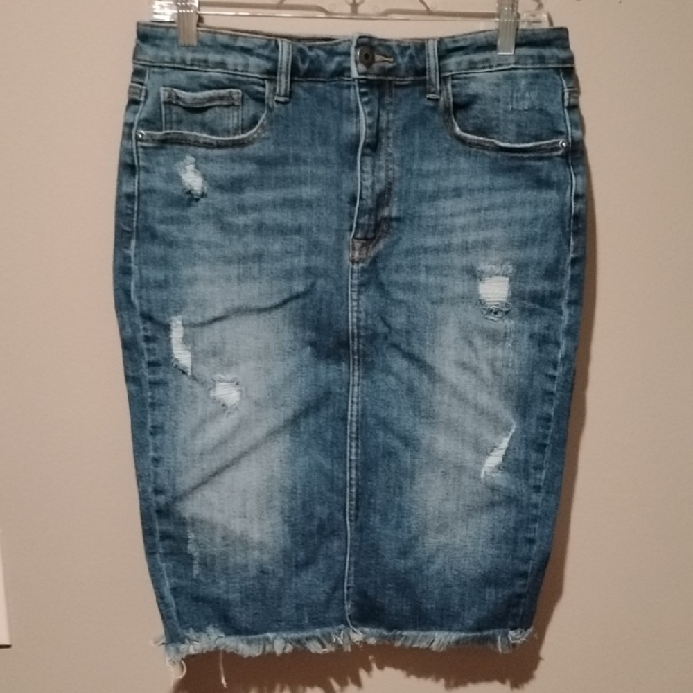 Risen Brand Distressed Classic Blue Denim Pencil Skirt with Fringe